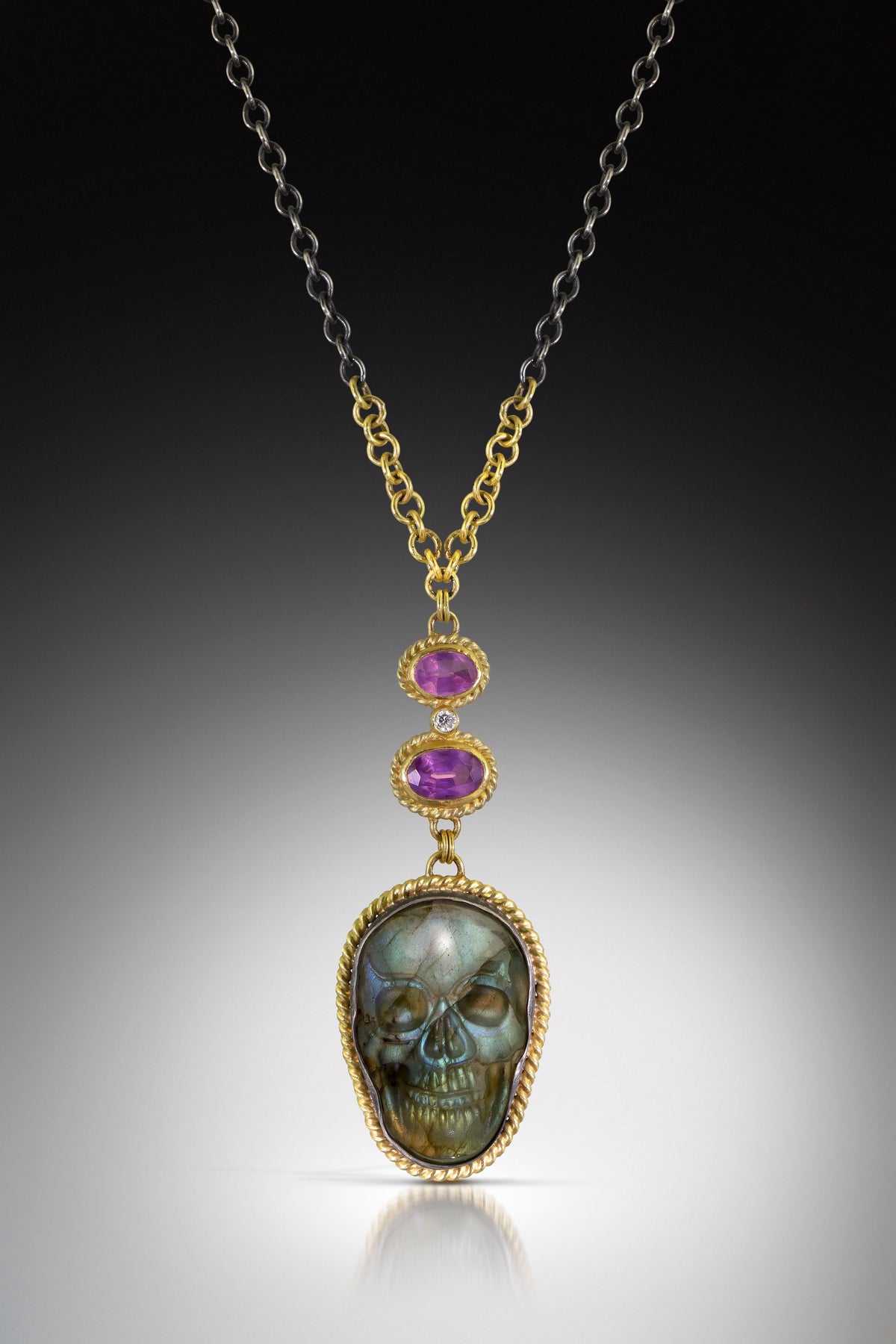 Labradorite Skull, Pink Sapphires, and Diamond Necklace by Jenny Foulkes